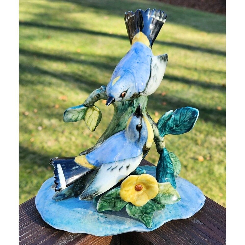 Stangl Pottery Bird 3756 Double Audubon Warblers on w Branch Yellow Flower Large